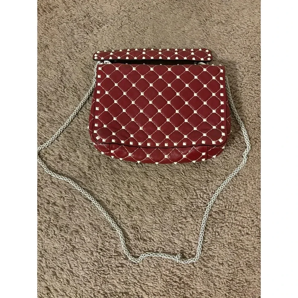 Valentino Rockstud Spike Red White Quilted Handle Shoulder chain Bag.